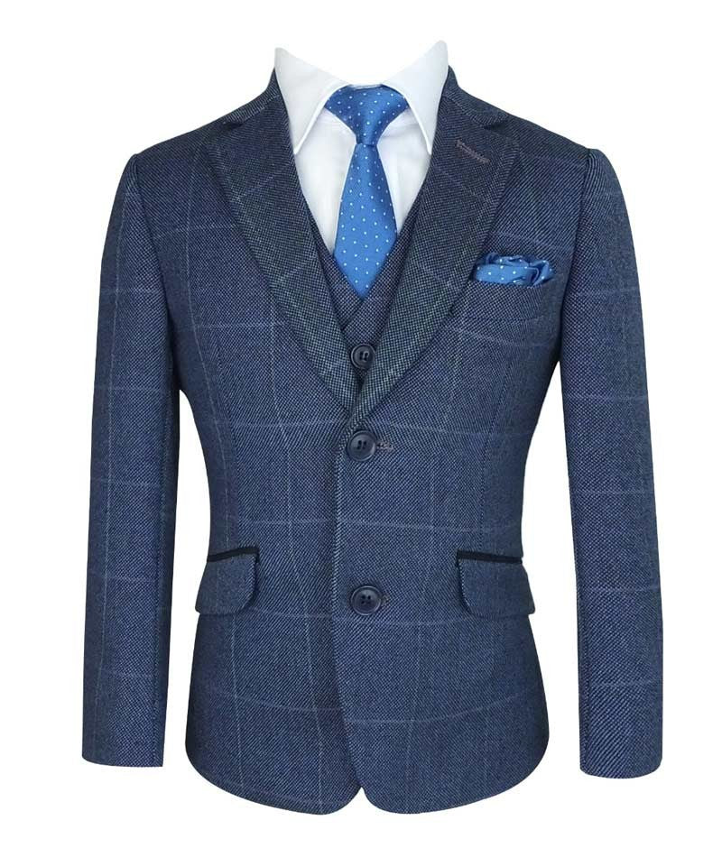 Boys Exclusive Check Tweed Blue Suit - Blue