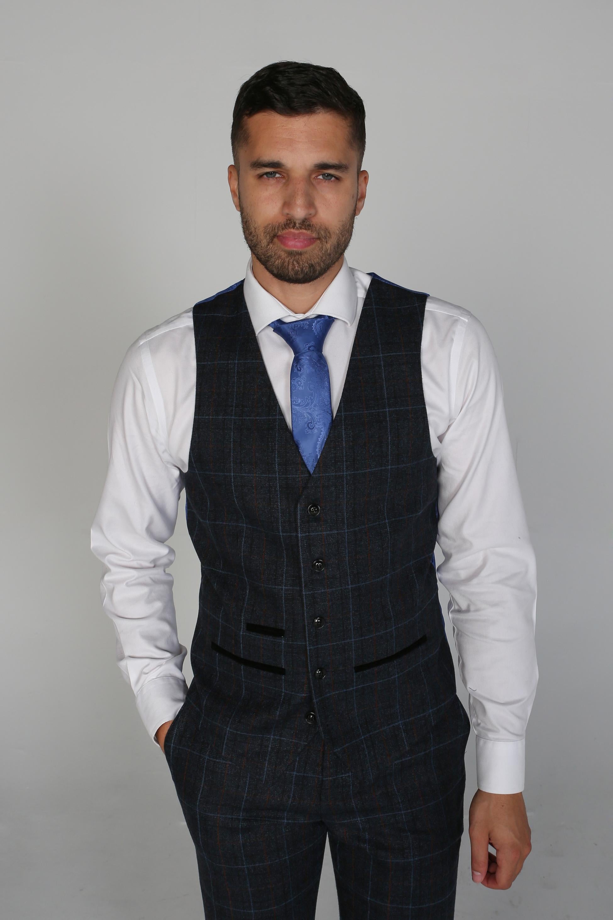 Boys Windowpane Tailored Fit Waistcoat- HARVEY - Navy Blue