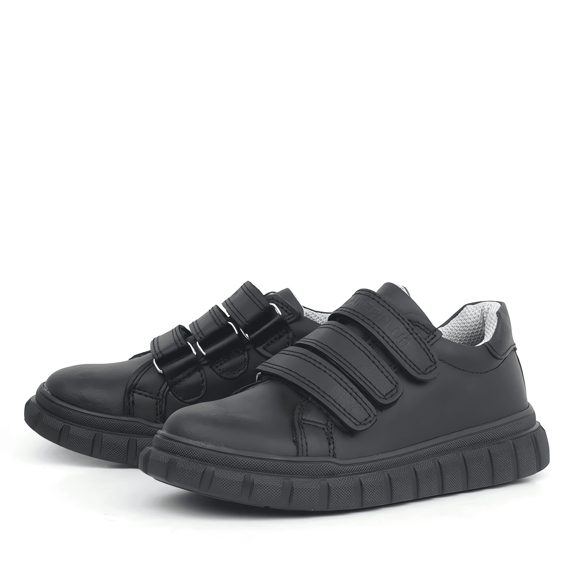 Boys Black Leather School Trainer Shoes with Triple Strap Closure - 4003 - Black