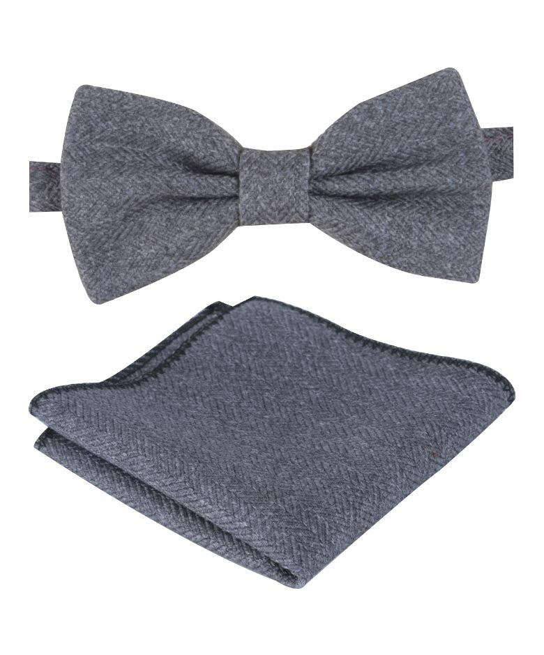 Boys & Men's Herringbone Tweed Bow Tie and Pocket Square - Grey