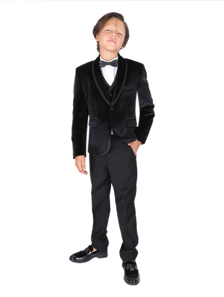 Boys Sheen Lapel Velvet Tuxedo Suit - Black