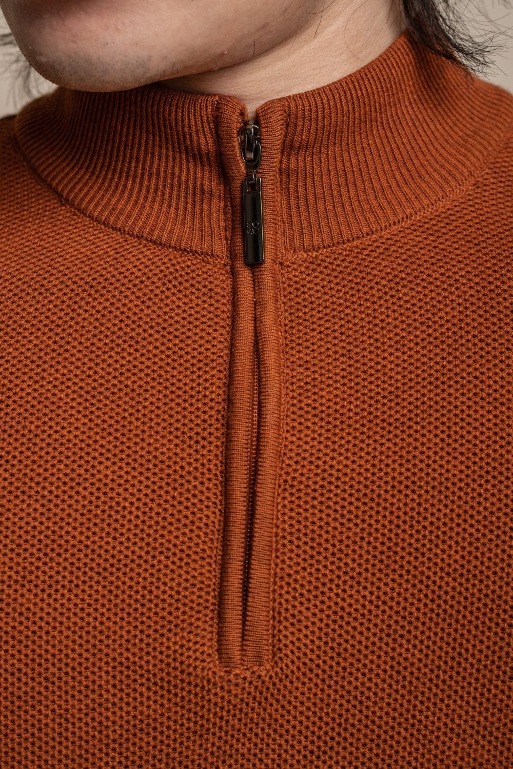 Men's Half Zip Knit Cotton Pullover - KYLE - Rustic Brick