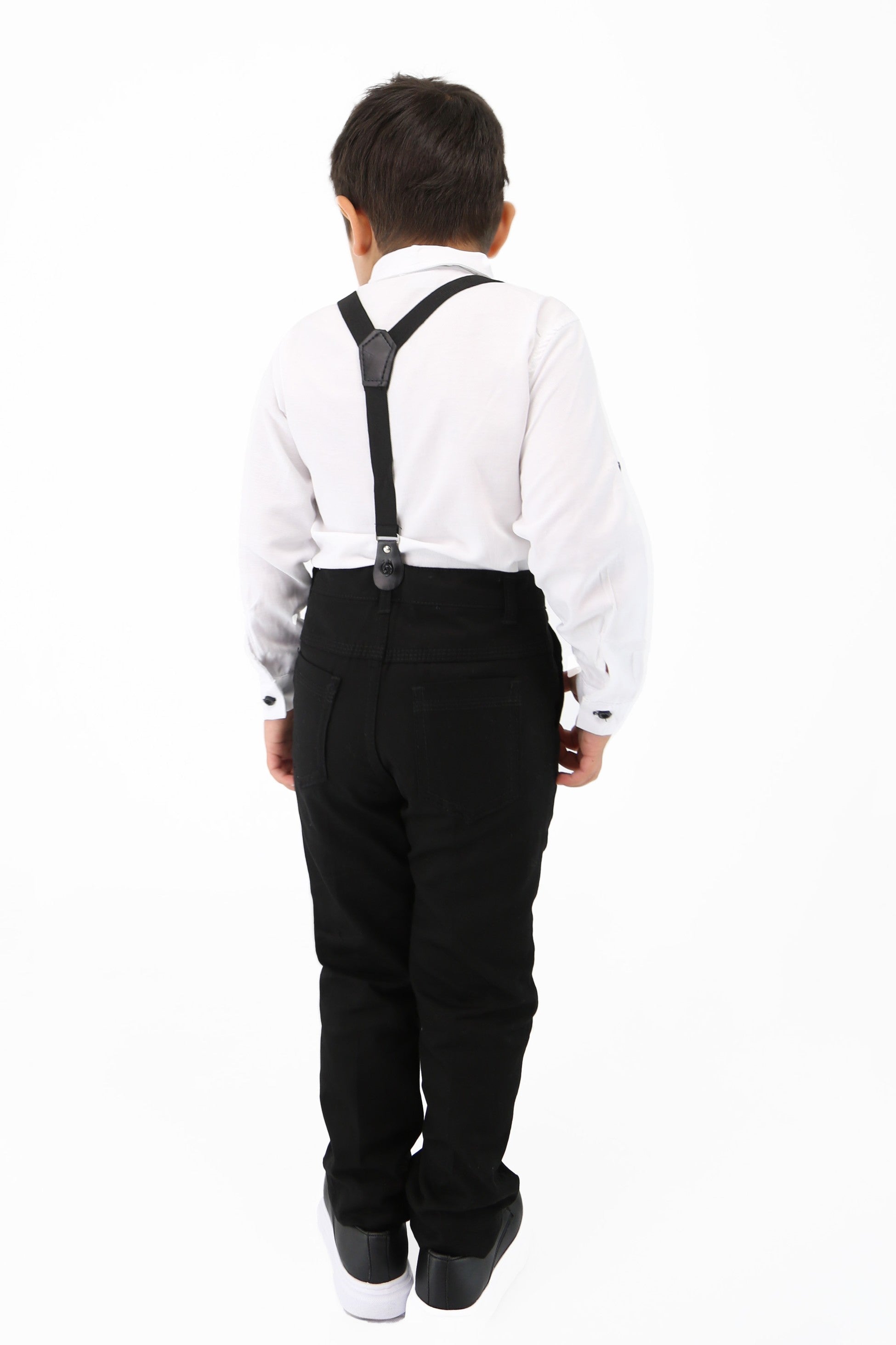 Baby & Boy Gentleman Outfit - 4 Piece Suspenders Pant Suit Set - OXFORD - White - Navy Blue