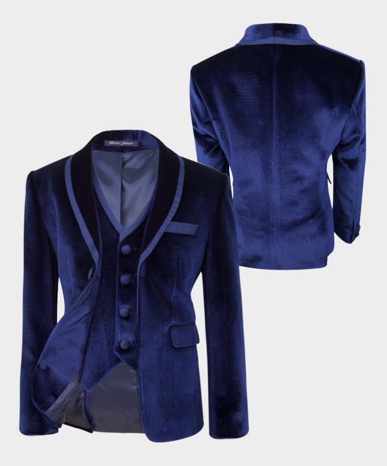 Boys Sheen Lapel Velvet Tuxedo Suit - Navy Blue