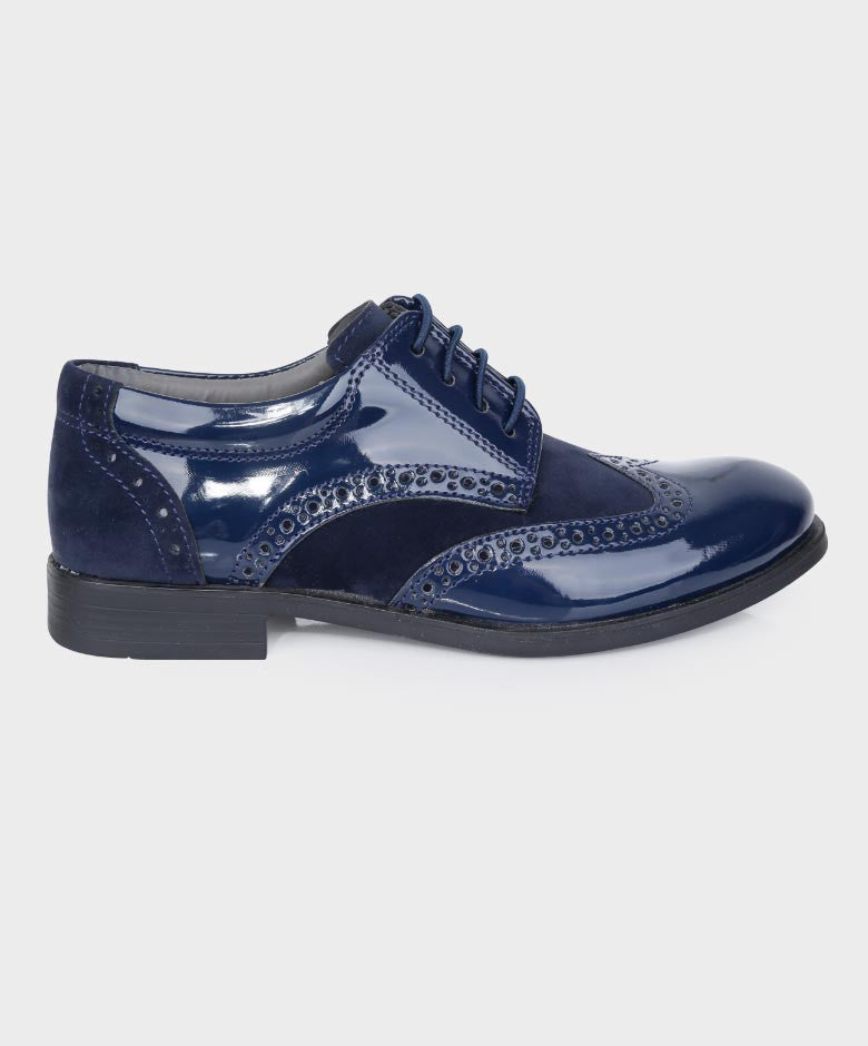 Boys Patent Leather & Suede Lace Up Brogue Derby Shoes - Navy Blue