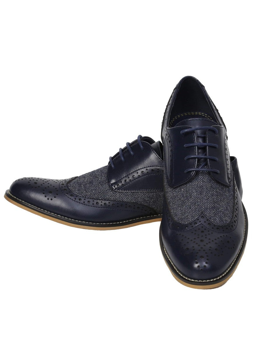 Men's Lace Up Tweed Leather Brogue Shoes - HORATIO - Navy Blue