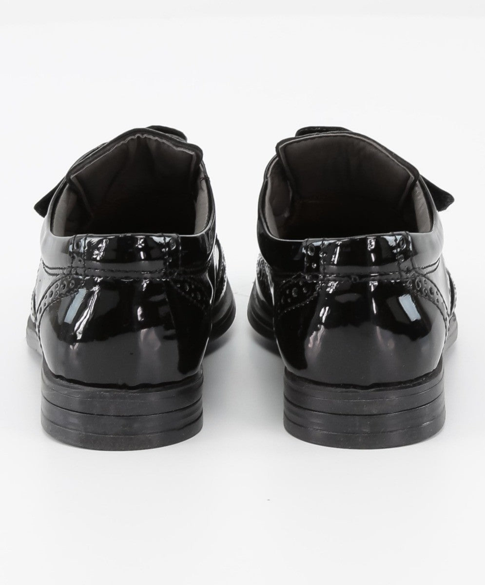 Boys Patent  Brogue Velcro Dress Shoes - Black