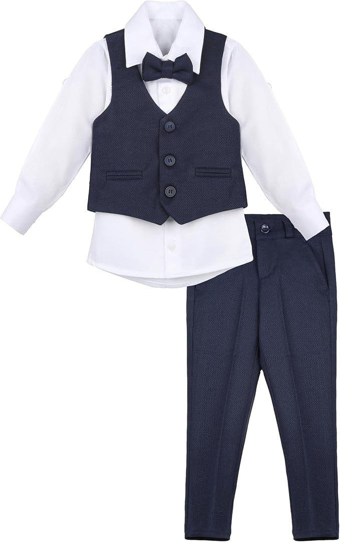 Boys' Slim Fit Textured Waistcoat Suit Set, Formal Outfit - Navy Blue