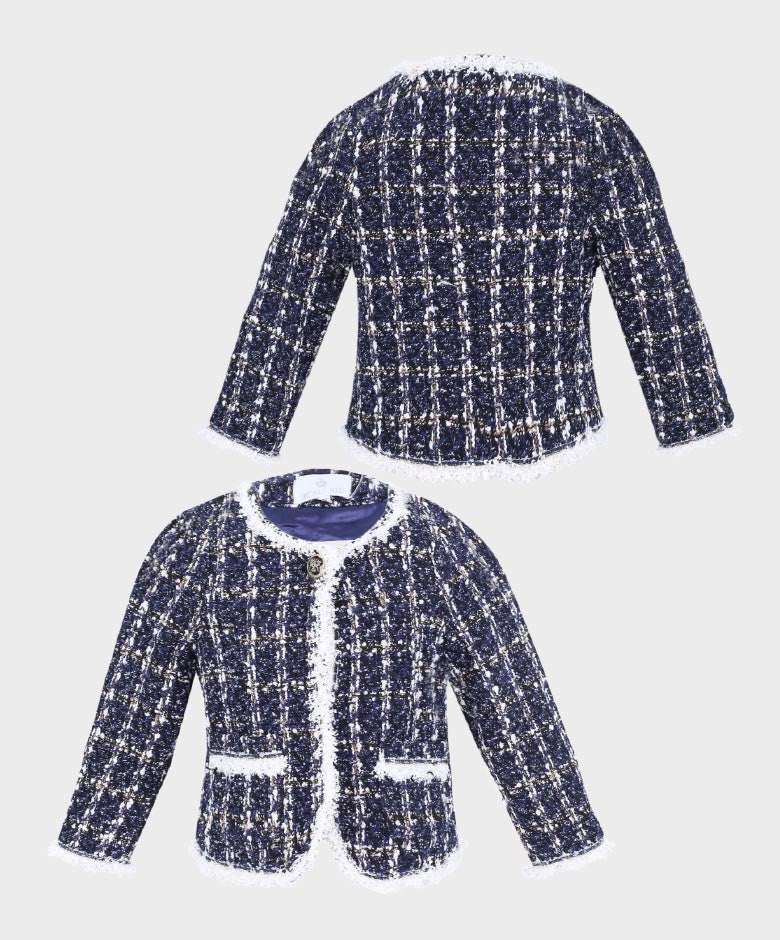 Girls Tweed Check 3 Piece Navy Outfit Set - Navy Blue