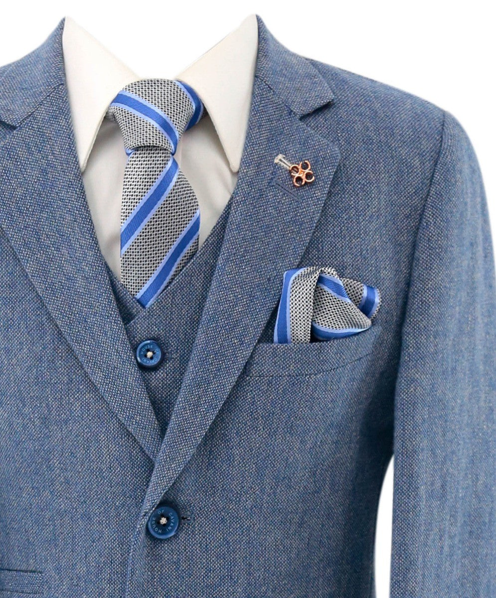 Boys Tweed Slim Fit Suit - WELLS Blue - Light Blue