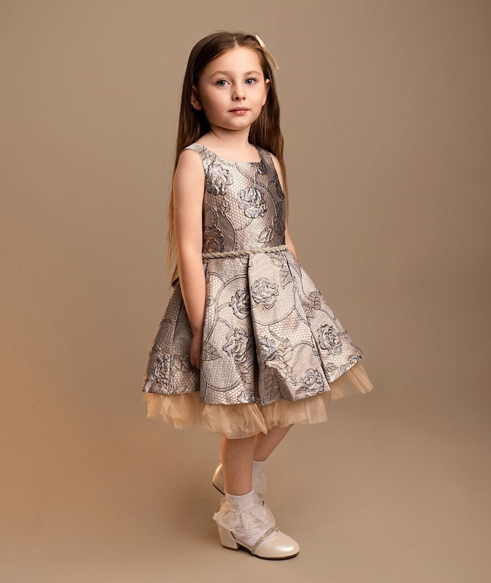 Girls' Blue Jacquard Pleated Dress with Bow Set - Sana - Blue