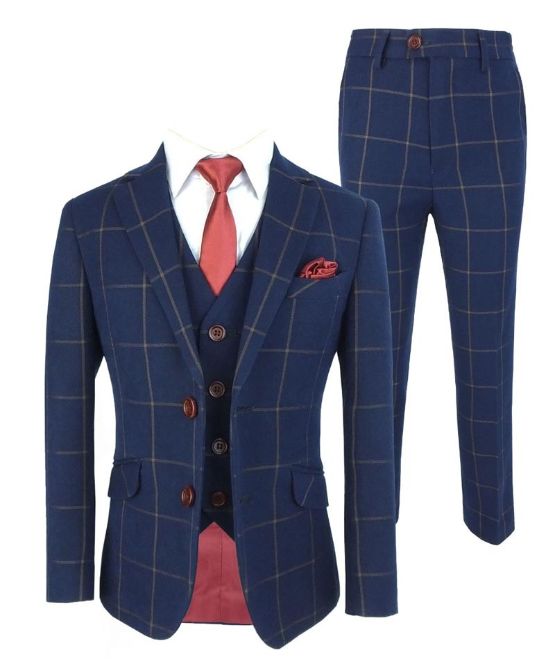 Boys Windowpane Check Woven Effect Navy Suit Set - Navy blue- Brown