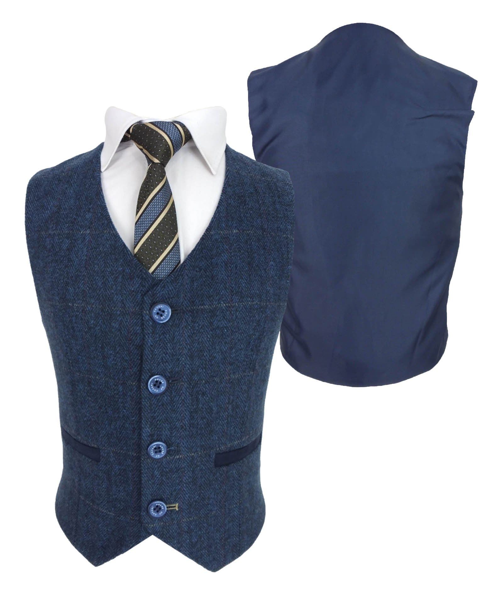 Boys Slim Fit Herringbone Tweed Blue Suit - CARNEGI - Navy Blue