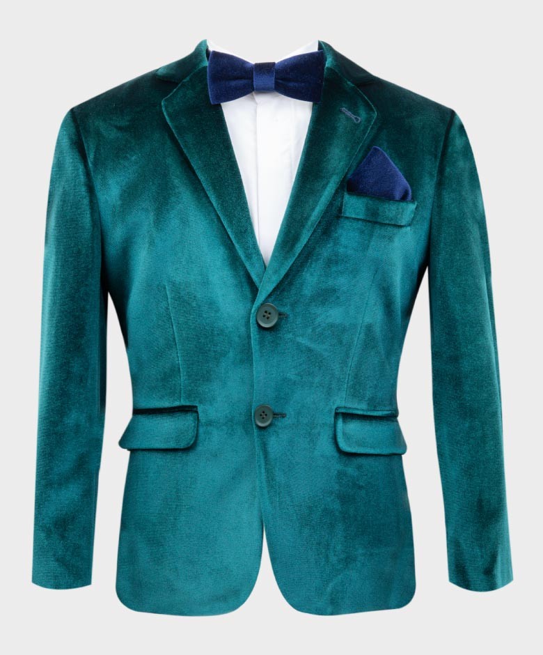 Boys Tailored Fit Velvet Blazer with Elbow Patches - Green