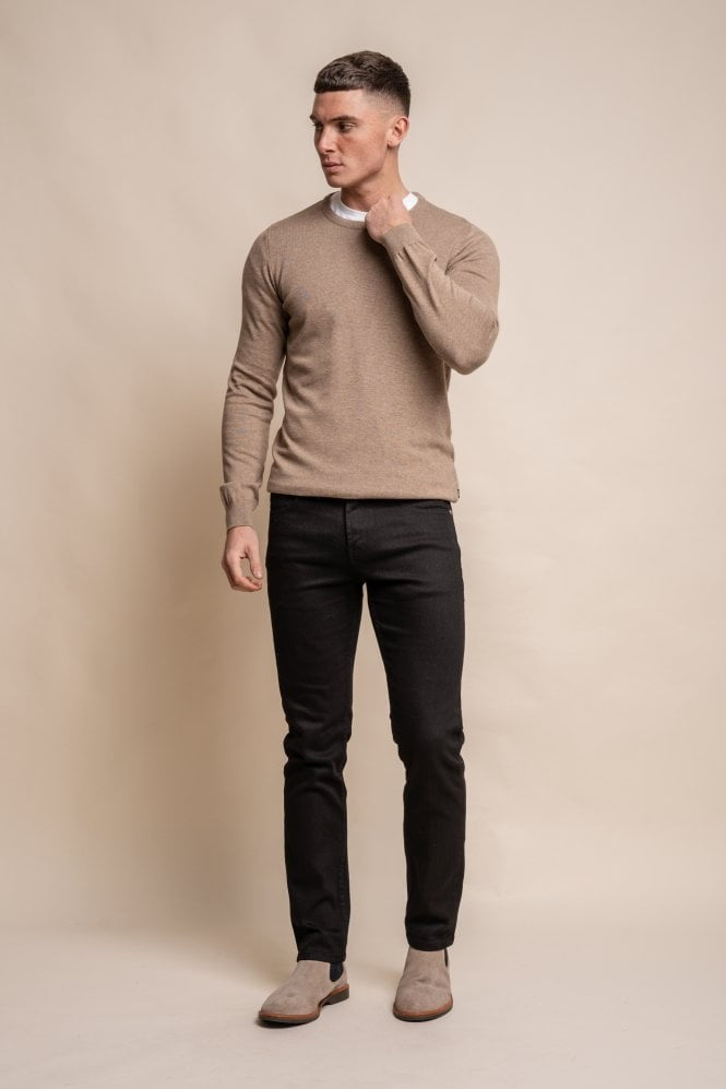 Men's Cotton Slim Fit Crewneck Jumper - Fawn Brown