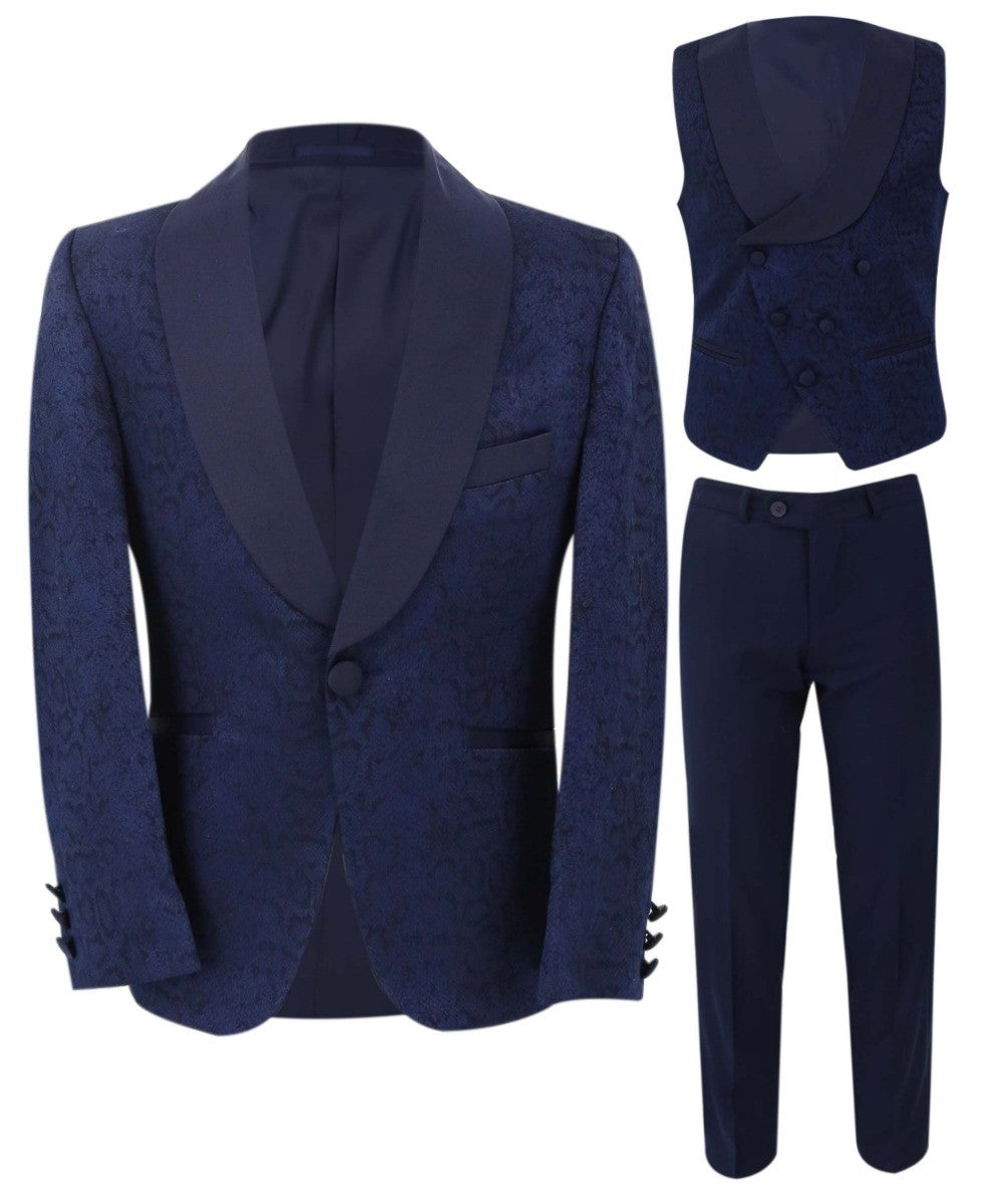 Boys Jacquard Patterned Tuxedo Suit - ASHLEY - Navy Blue