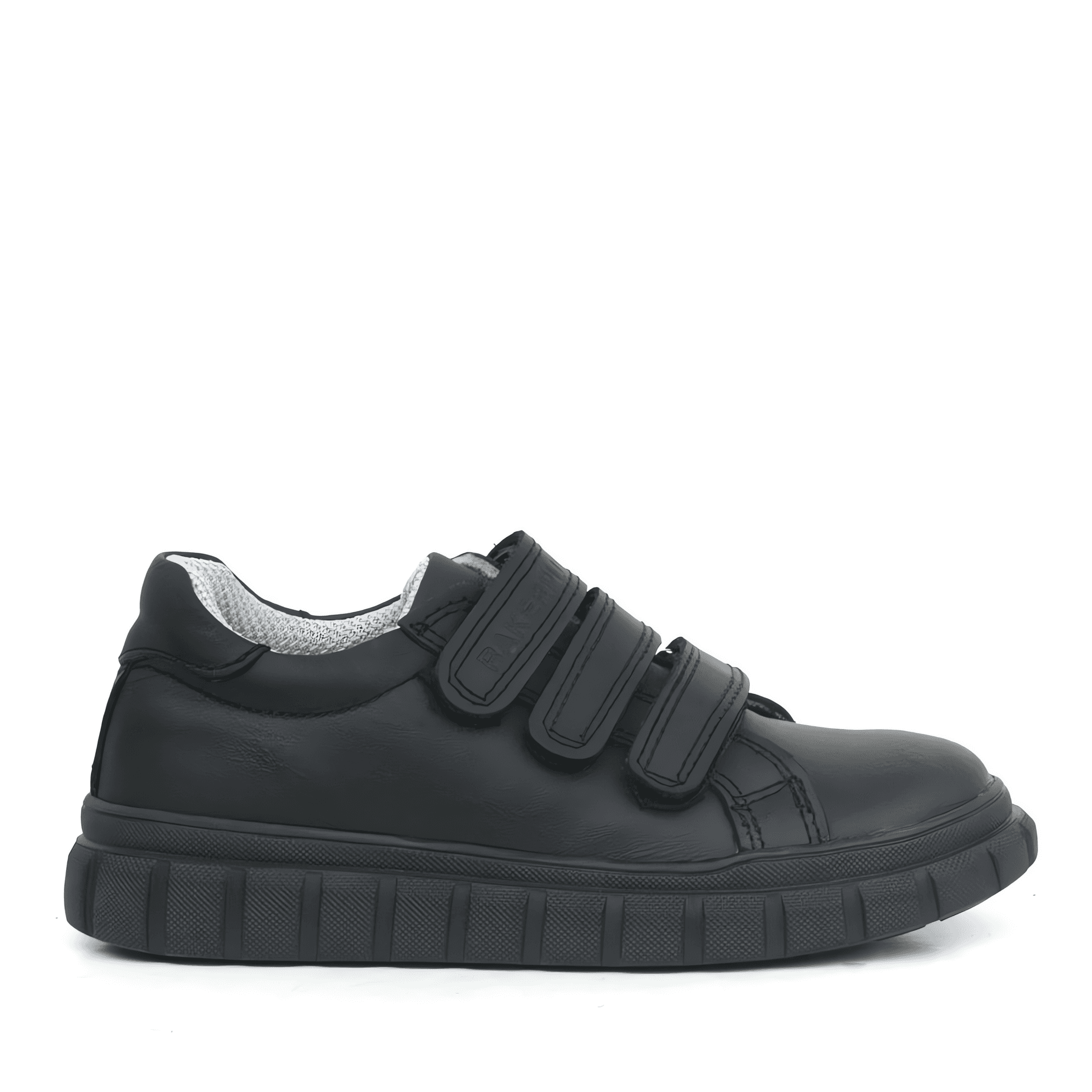 Boys Black Leather School Trainer Shoes with Triple Strap Closure - 4003 - Black