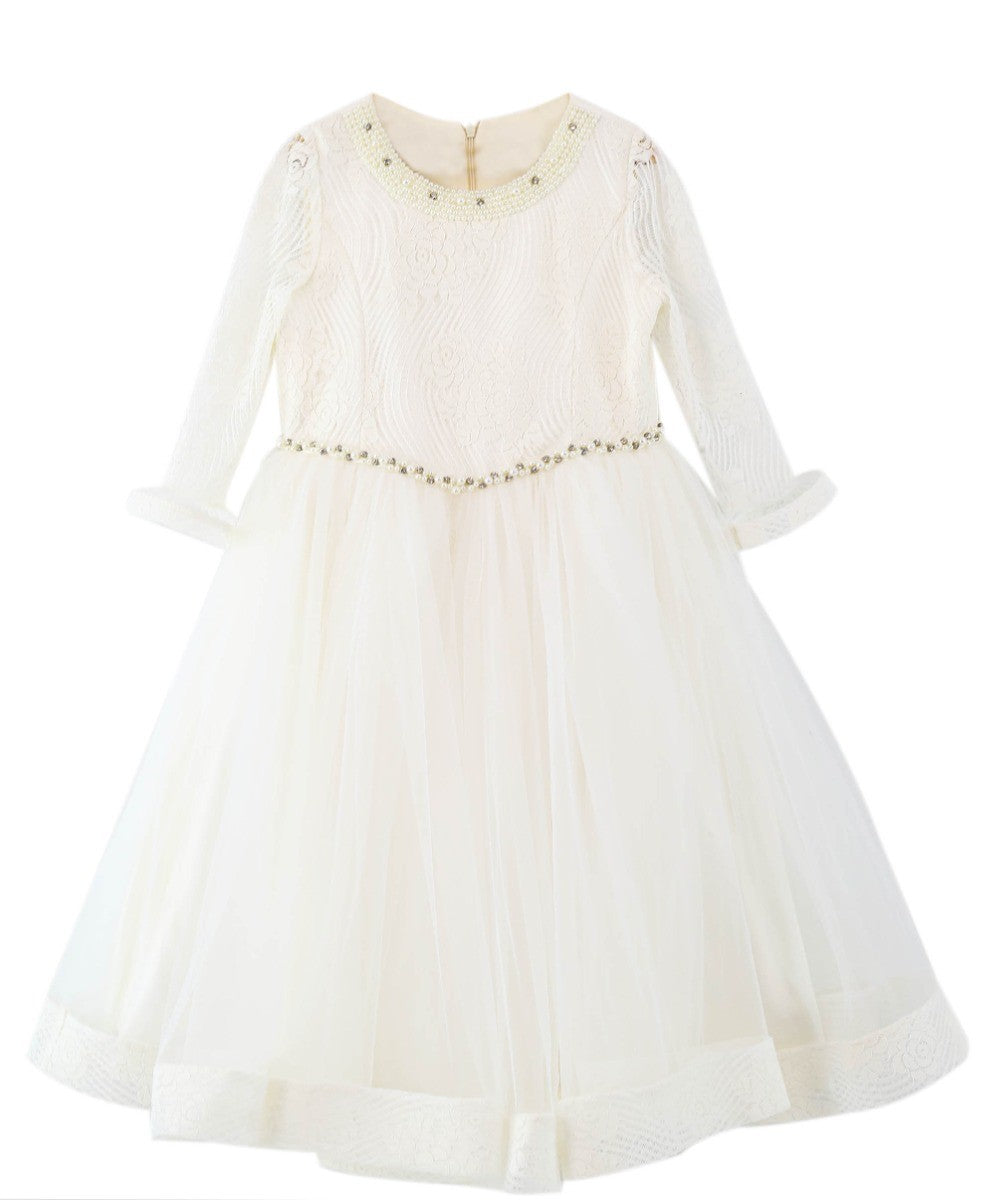 Flower Girls Lace Embroidered White Dress Set - Ecru