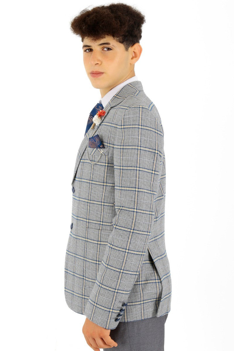 Boys Windowpane Check Slim Fit Suit - Blue - Grey