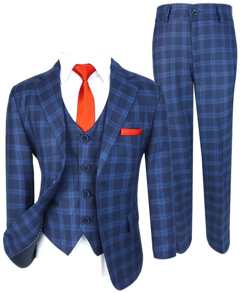 Boys Windowpane Check Tweed Tailored Fit Suit - Dark Blue