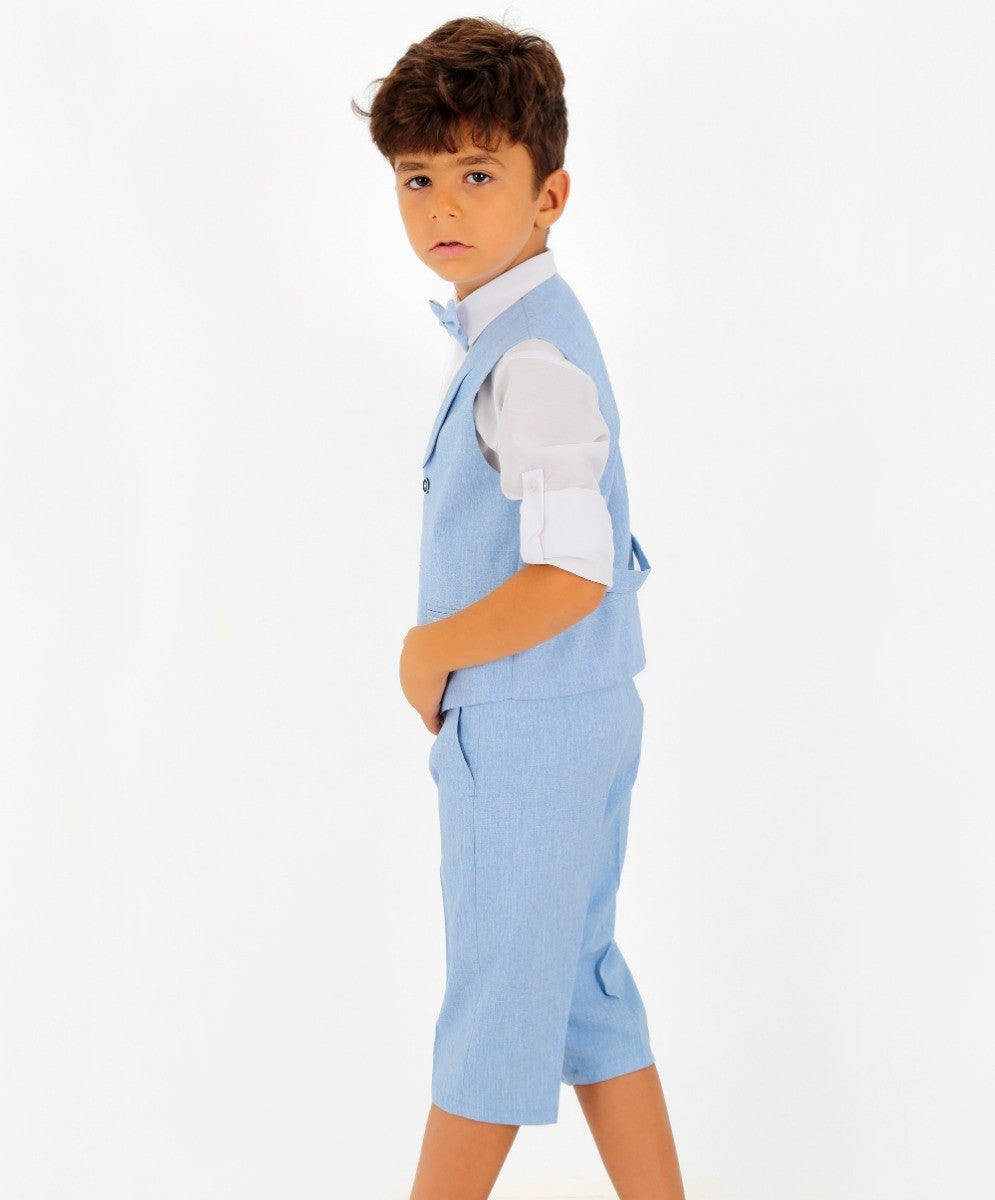 Boys Linen Waistcoat Suit Set - Light Blue