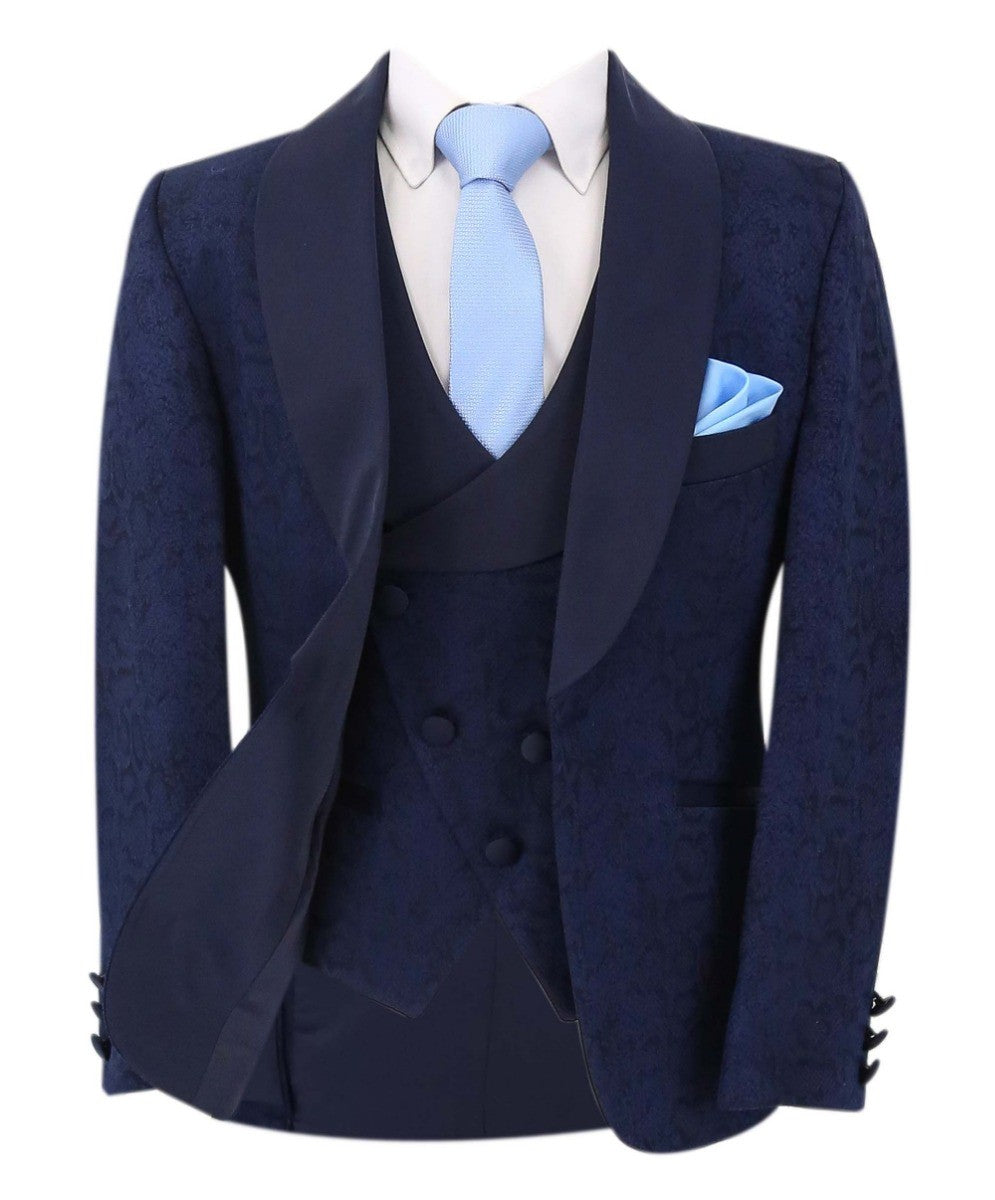 Boys Jacquard Patterned Tuxedo Suit - ASHLEY - Navy Blue