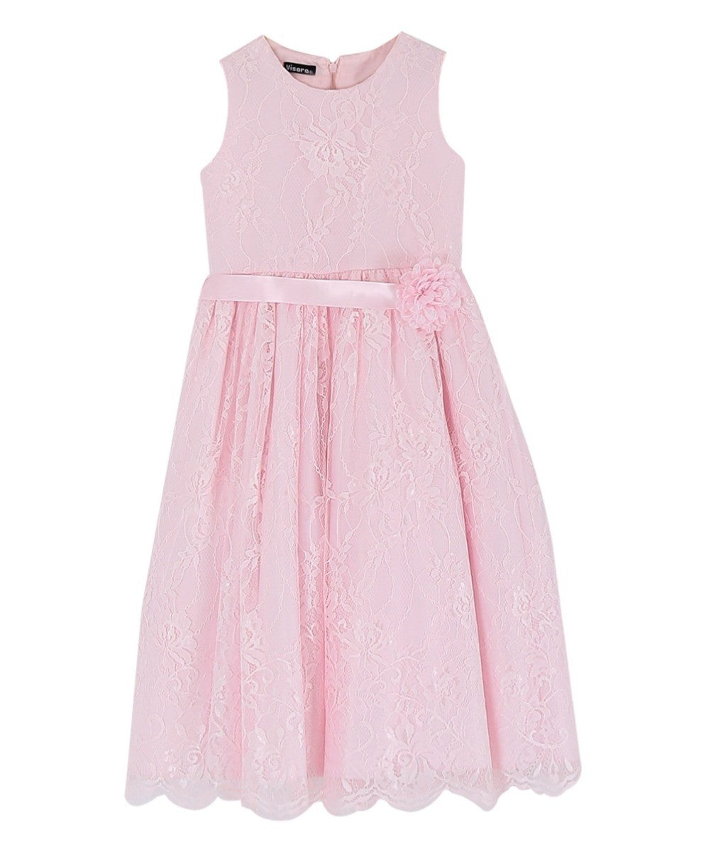 Girls Sleeveless Lace Embroidered Dress - Light Pink