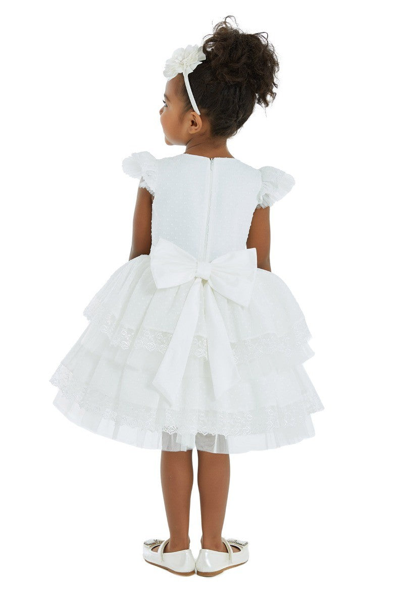 Girls Ruffles Embroidered short Sleeve Dress - Ecru