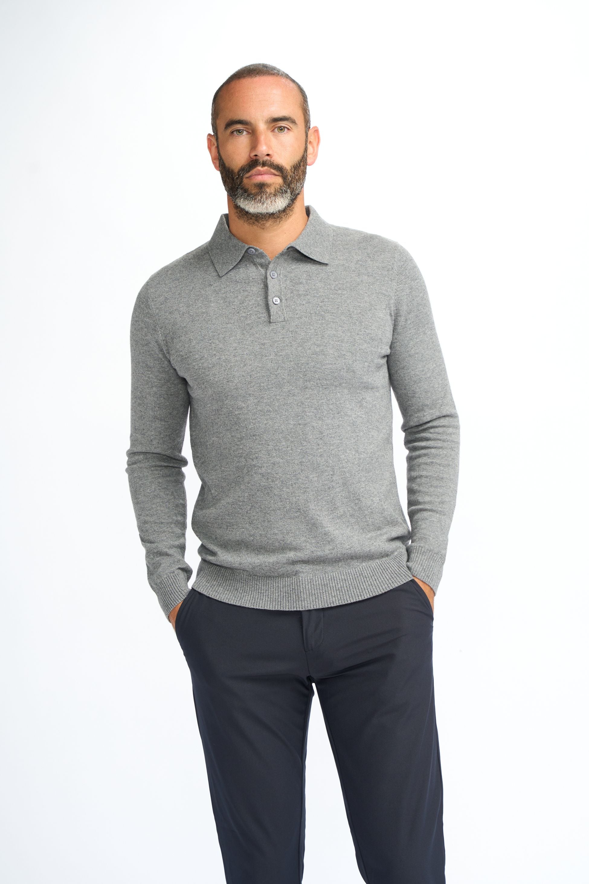 Men’s Wool Knit Long Sleeve Polo Shirt - Boom - Grey