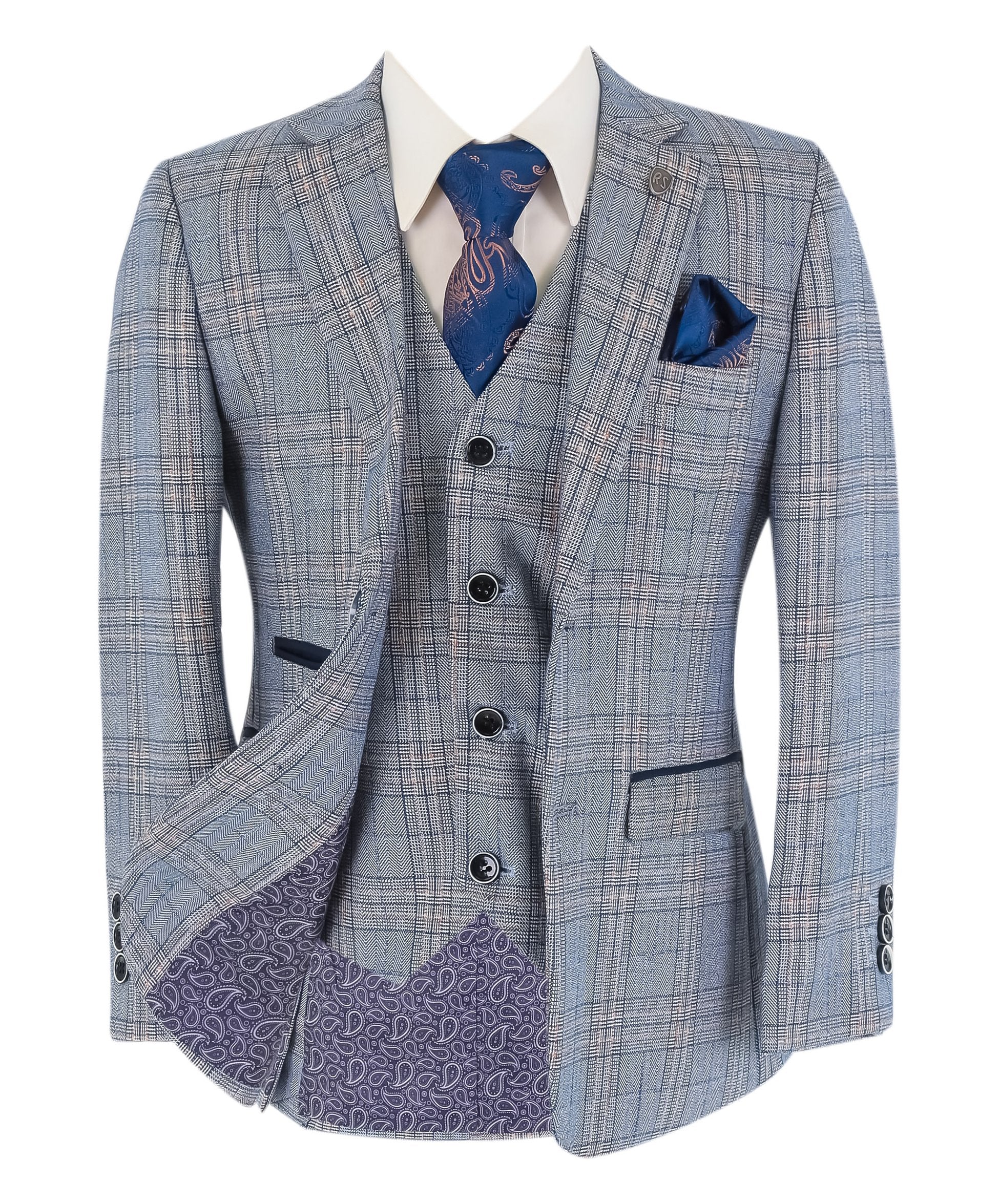 Boys Windowpane Check Slim Fit Suit - LEVI Blue