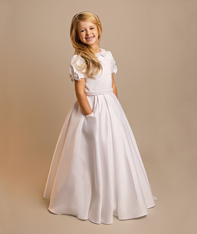 Girls’ White Puff Sleeve Communion Dress with Peter Pan Collar - LOTTIE - White