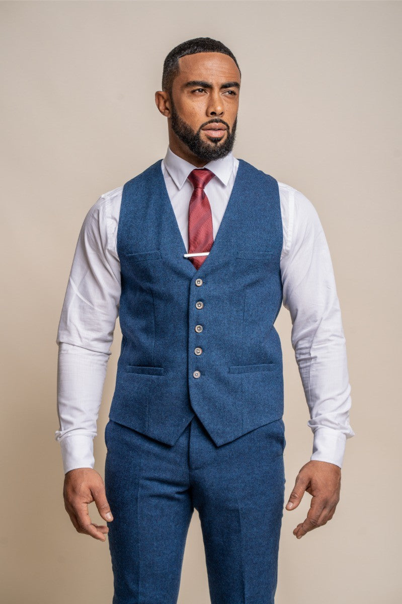 Men's Tweed Wool Slim Fit Formal Blue Waistcoat - ORSON - Blue