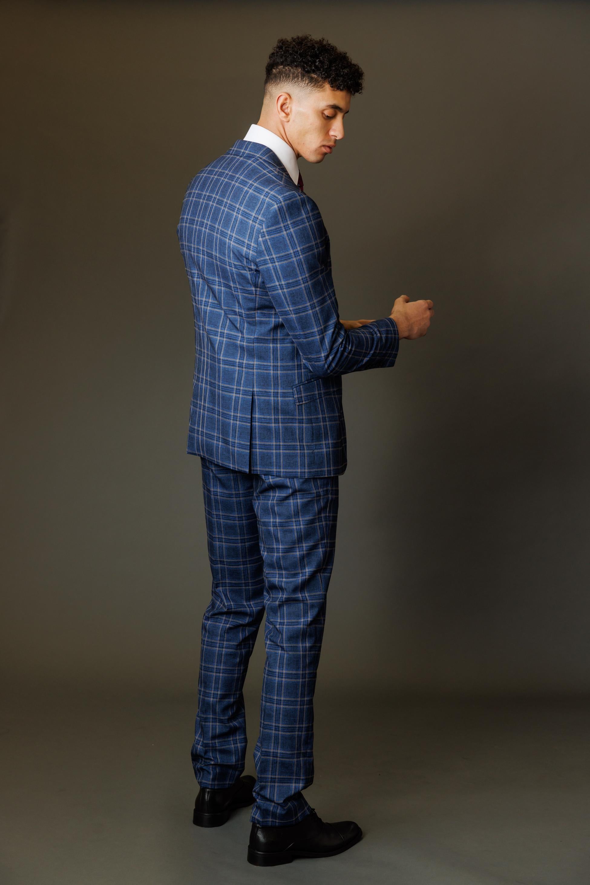 Men's Windowpane Check Slim Fit Suit - BLAKE - Navy Blue