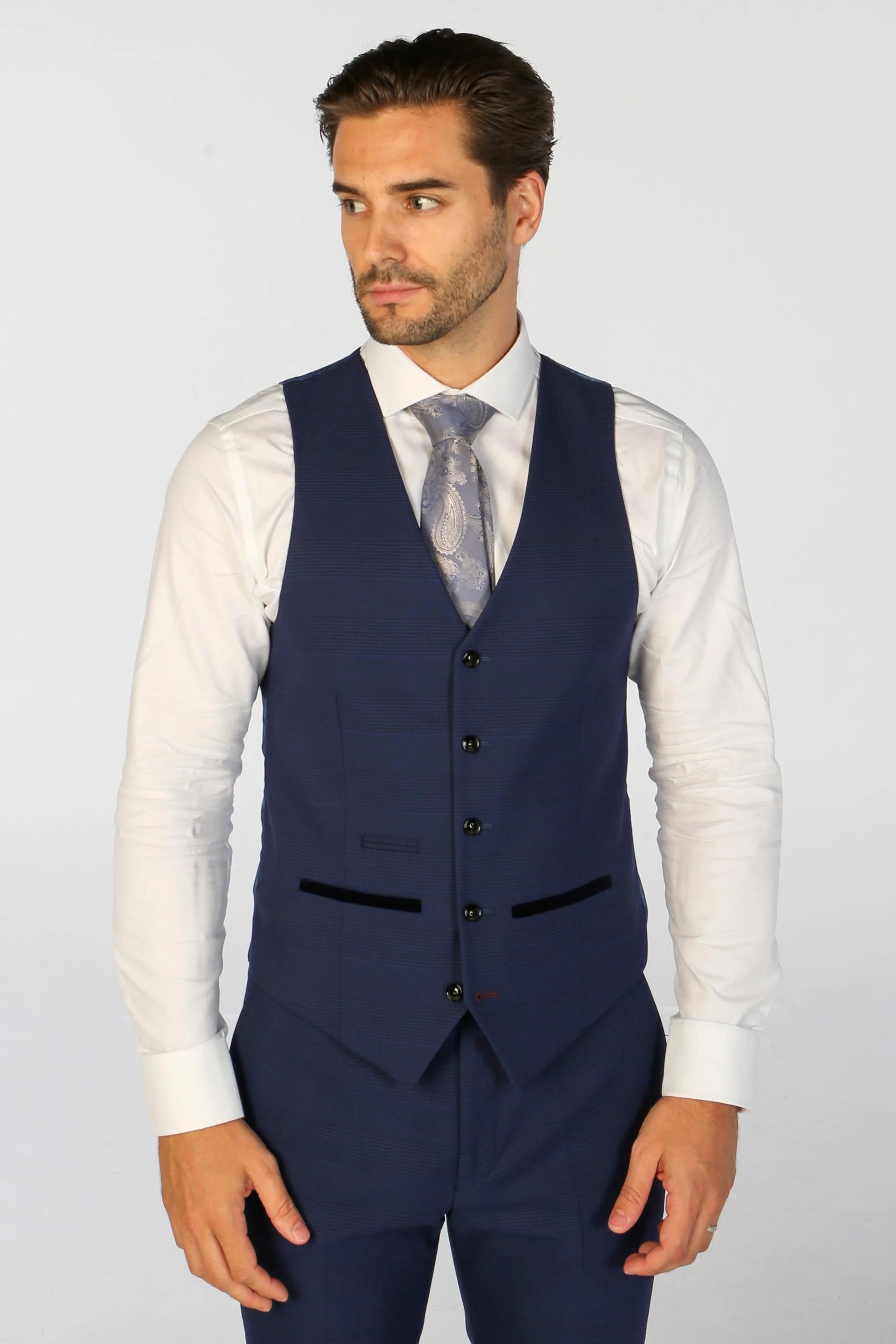 Men's Tailored Fit Navy Blue Check Suit - MARK - Navy Blue