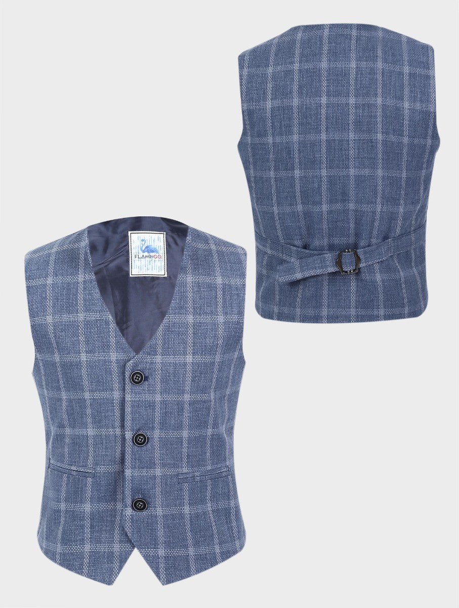 Boys Tweed Windowpane Check Cotton Waistcoat - Blue - Grey