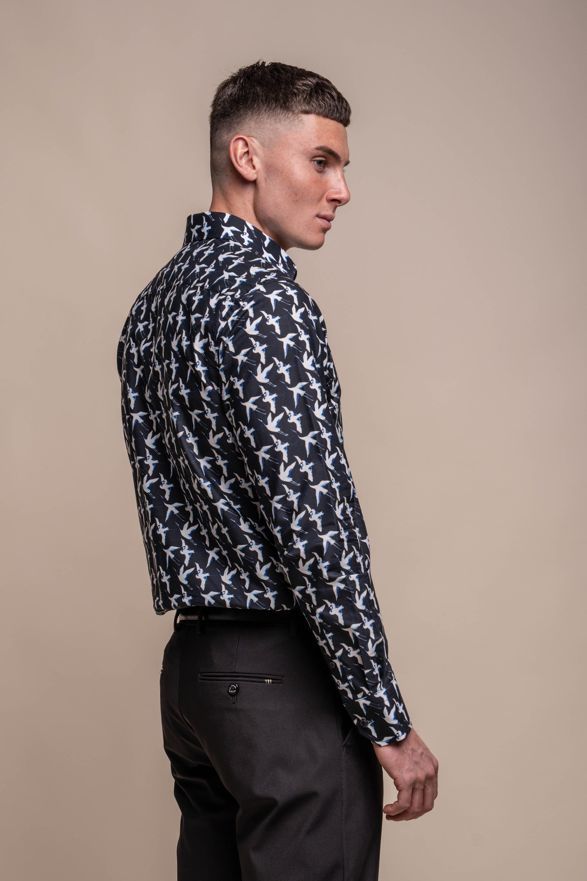 Men's Cotton Bird Pattern Long Sleeve Shirt - Blue Black