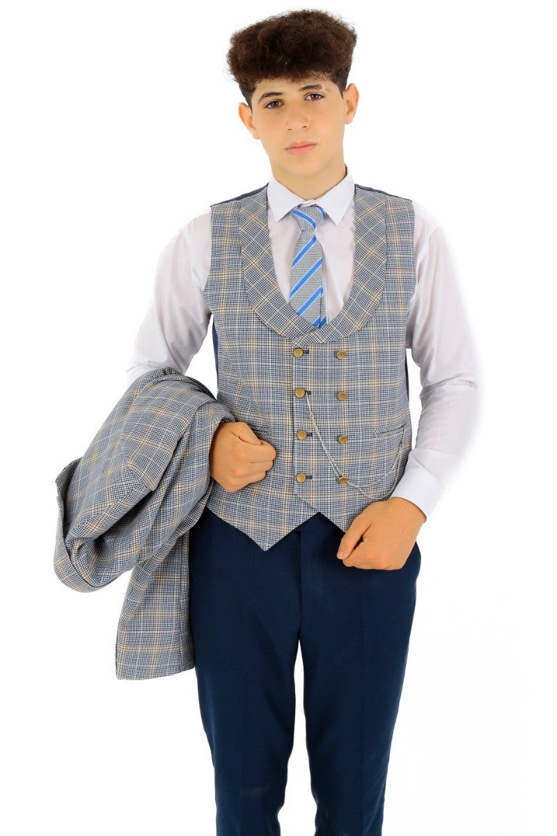 Boys Windowpane Check Slim Fit Suit - Blue