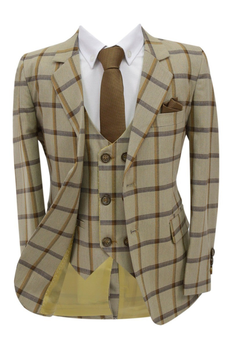 Boys Windowpane Check Suit 7 PC Set - Beige