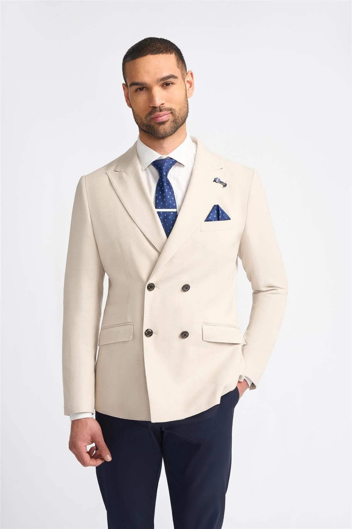 Men’s Self-Pattern Double-Breasted Blazer – ROMEO - Beige