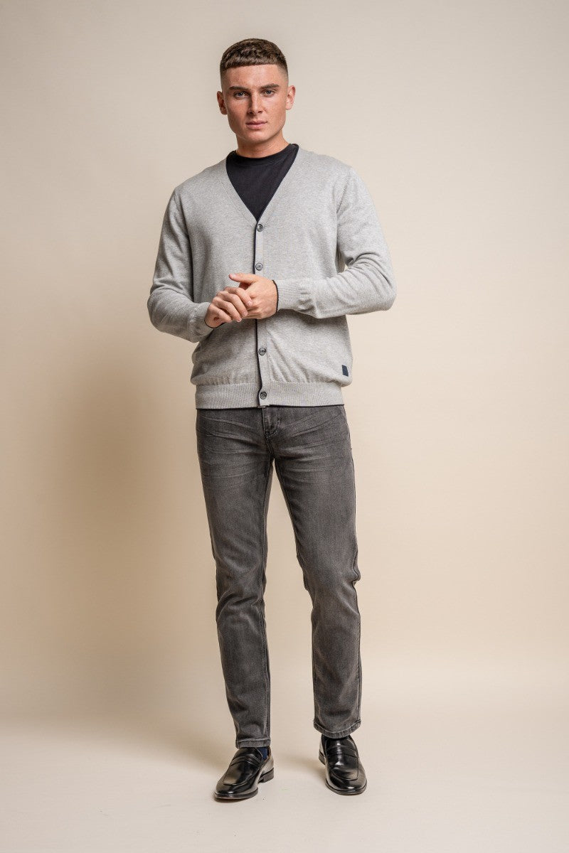 Men's Slim Fit Knitted Cotton Cardigan - Raider - Grey