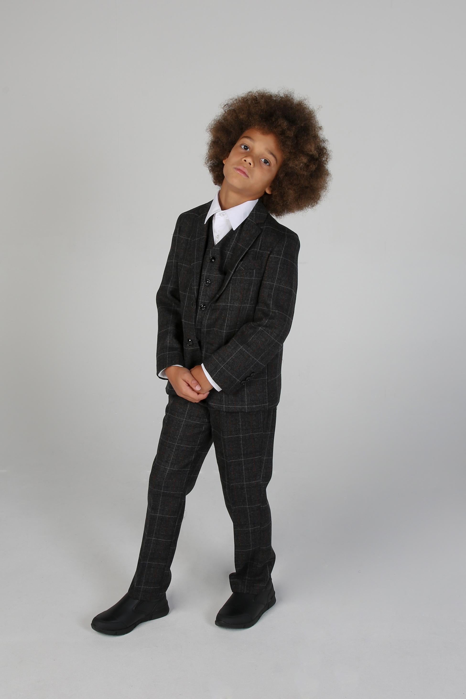 Boys Windowpane Tailored Fit Suit- HARVEY - Dark Charcoal Grey