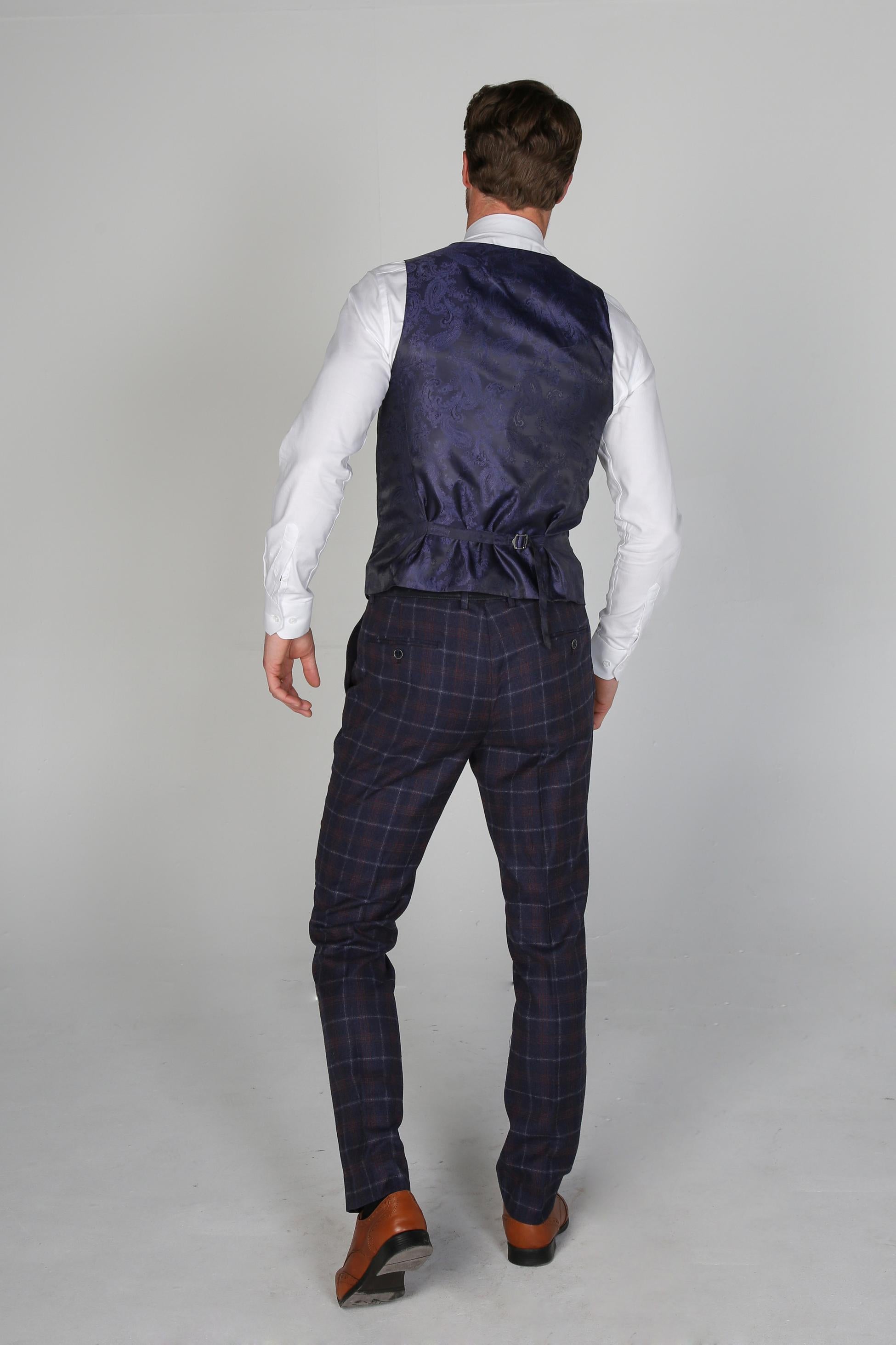 Men's Tailored Fit Retro Check Suit - KENNETH - Navy Blue - Maroon