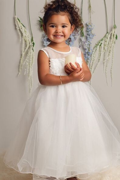 Girls Ivory Floral Appliqué Dress with Glitter Tulle - JESSICA - Ivory