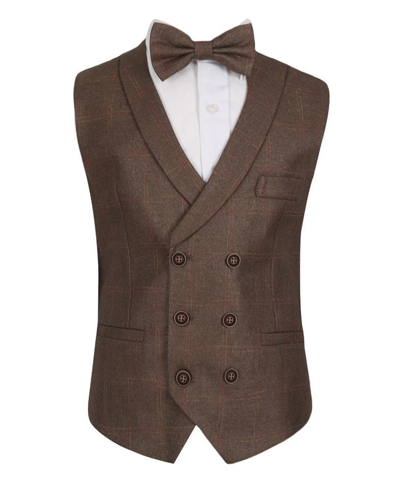 Men's and Boys Tweed Check Waistcoat Set - Maroon- Brown