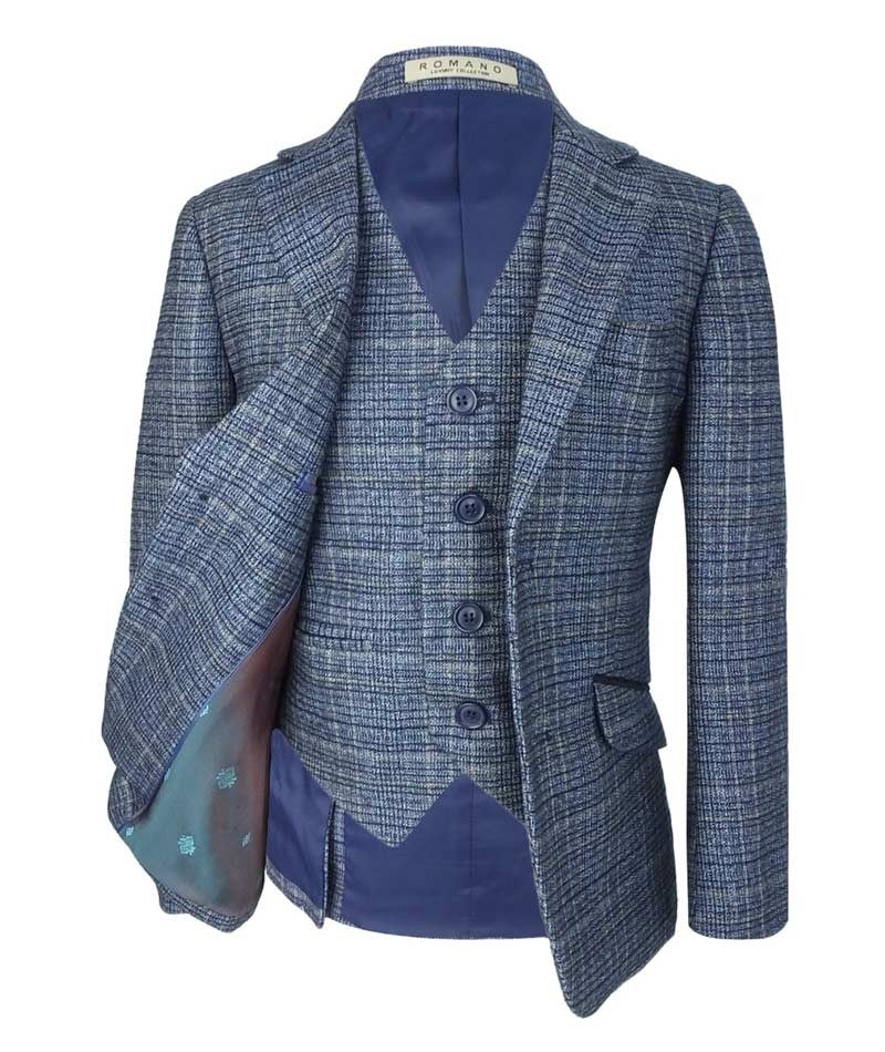 Boys Tweed Check Sky Blue Suit Set - Sky Blue