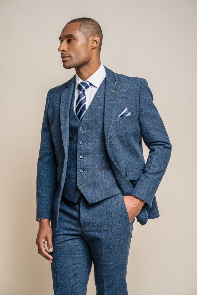 Men's Slim Fit Herringbone Tweed Blue Suit - CARNEGI - Navy Blue