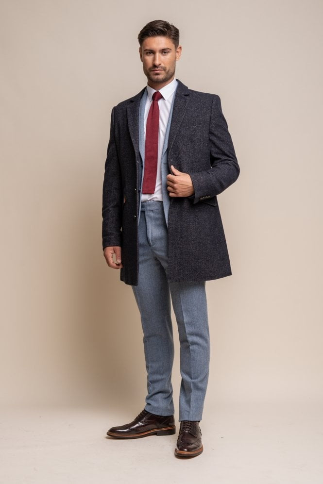 Men's Wool Midi Coat - ROMAN - Azure Blue