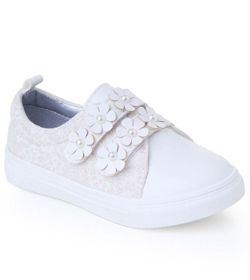 Girls' Cream Pearl Flower Velcro Sneakers - FINLEY - Cream - Ivory