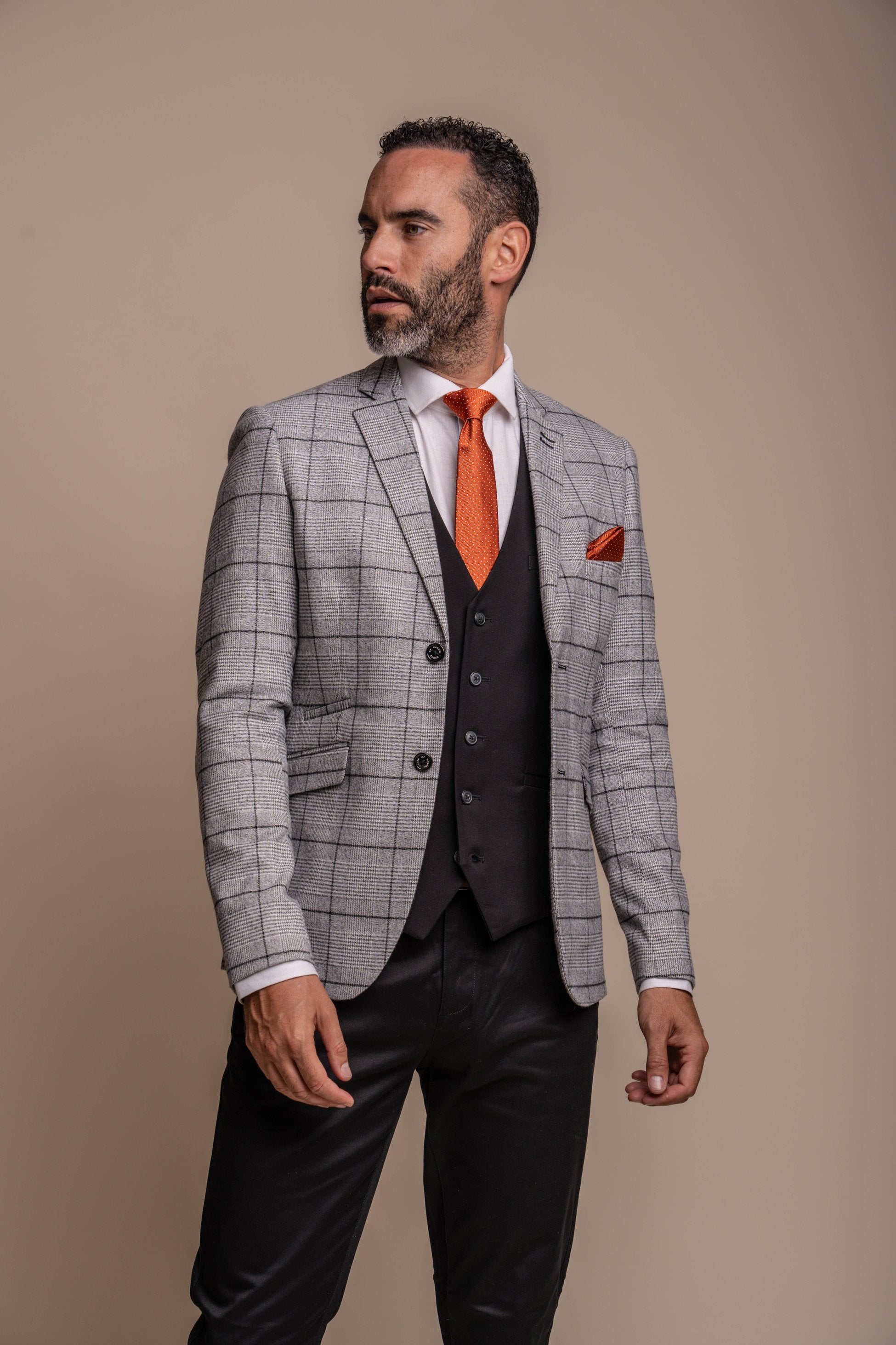 Men's Grey and Black Check Slim Fit Suit - Combined Set