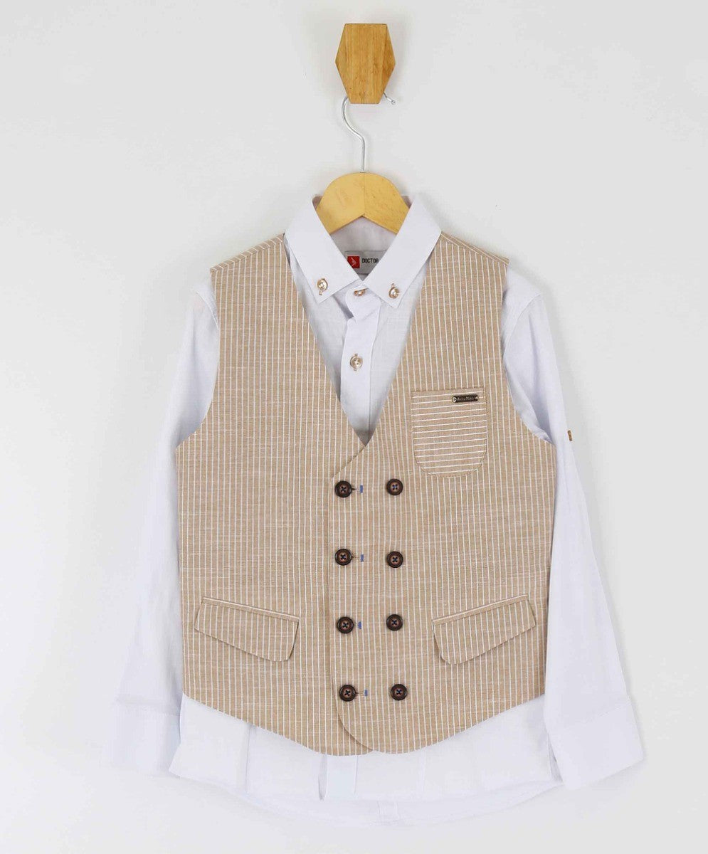 Boys Cotton Linen Pinstrip Waistcoat Suit Set - Beige